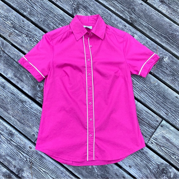Vintage Y2K Alfred Sung Button Up Bowling Shirt Bright Pink Piping 90s does 60s - Picture 6 of 8